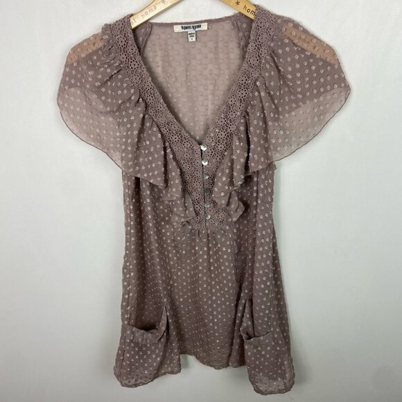 Nordstrom Daniel Rainn Dusty Rose Blush Pink Sheer Polka Dot Blouse Ruffle Top S - Picture 7 of 8